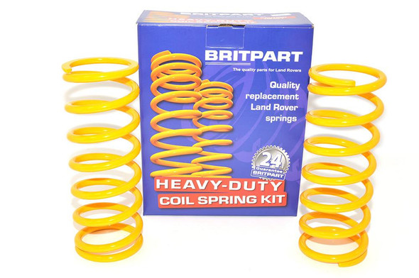 Britpart Plus 2" Suspension Kit with Coil Springs and Super Gaz Shock Absorbers for Defender 90, yellow coil springs and packaged product in blue box.