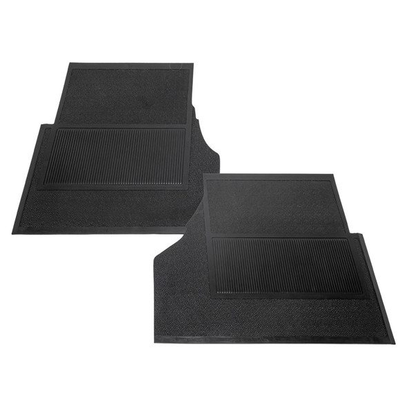 Britpart Front Floor Heavy-Duty Rubber Mat Set With Foam Backing Black Right & Left Hand Side for Defender, vehicle interior showing durable black rubber floor mats on driver and passenger sides.