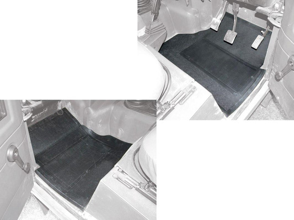 Britpart Front Floor Heavy-Duty Rubber Mat Set With Foam Backing Black Right & Left Hand Side for Defender, vehicle interior showing durable black rubber floor mats on driver and passenger sides.