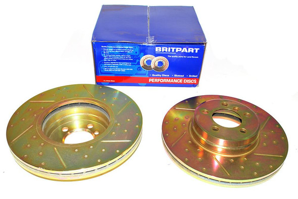 Britpart Front Brake Discs Vented Drilled and Grooved for Range Rover L322, performance upgrade brake discs shown with packaging.