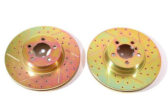 Britpart Front Brake Discs Vented Drilled and Grooved Performance Upgrade for Range Rover L322, pair of gold-colored vented drilled and grooved brake discs.