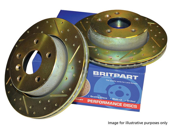 Britpart Rear Vented Brake Discs Drilled and Grooved Performance Upgrade for Discovery 4, showing two drilled and grooved brake discs placed on a blue box.