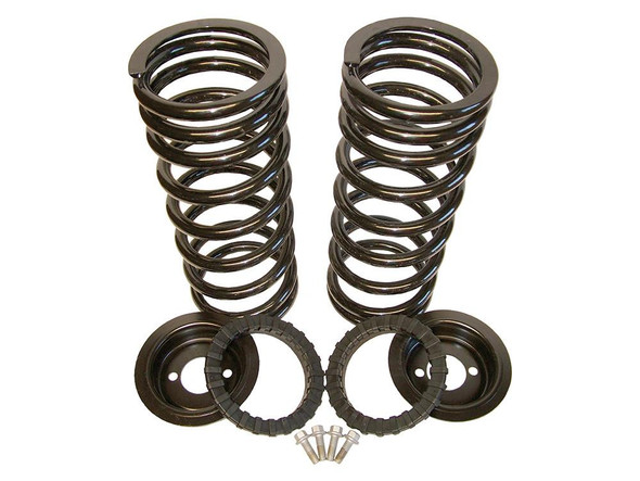 Britpart Rear Air To Coil Spring Conversion Kit Standard Height for Discovery 2, black coil springs, mounting plates, spacers, and screws for vehicle suspension upgrade.