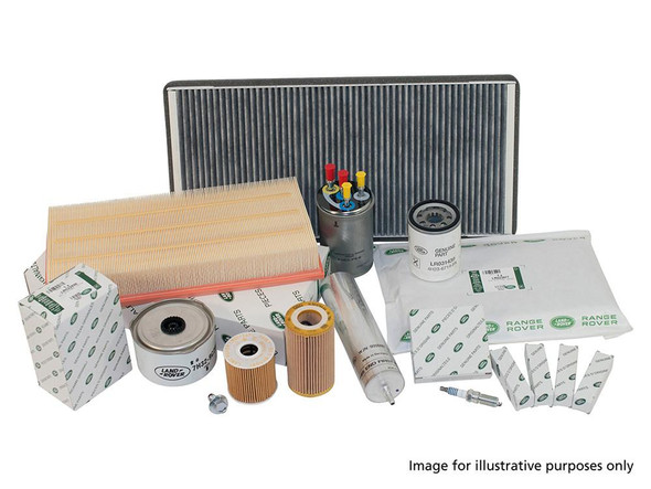 Genuine Land Rover Engine Service Filter Kit for Discovery 3 2.7 V6 diesel, 2007-2009, including air filter, oil filter, fuel filter, and other essential engine parts.