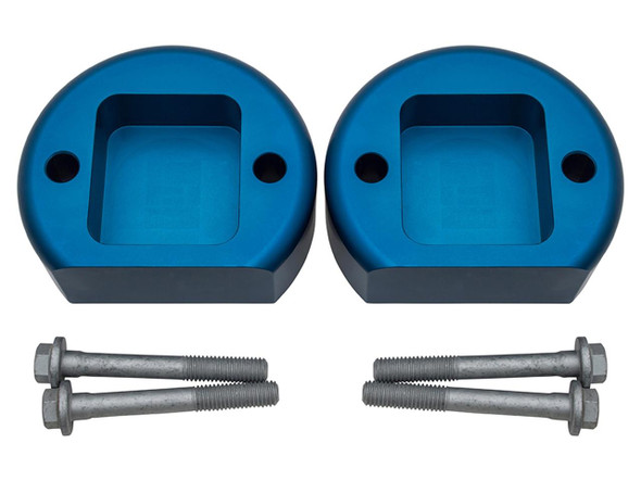 Britpart Front 40mm Coil Spring Spacers for Discovery 2, blue coil spring spacer blocks with mounting bolts.