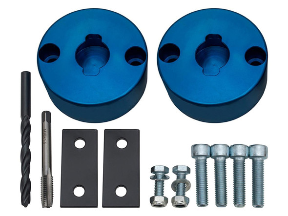 Britpart Rear 40mm Spring Spacers for Discovery 2, blue square coil spring spacers with mounting hardware and installation tools.