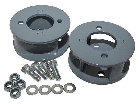 Britpart Front 50mm Coil Spring Spacers for Defender, grey metal coil spring spacers with bolts, nuts, washers, and mounting hardware.