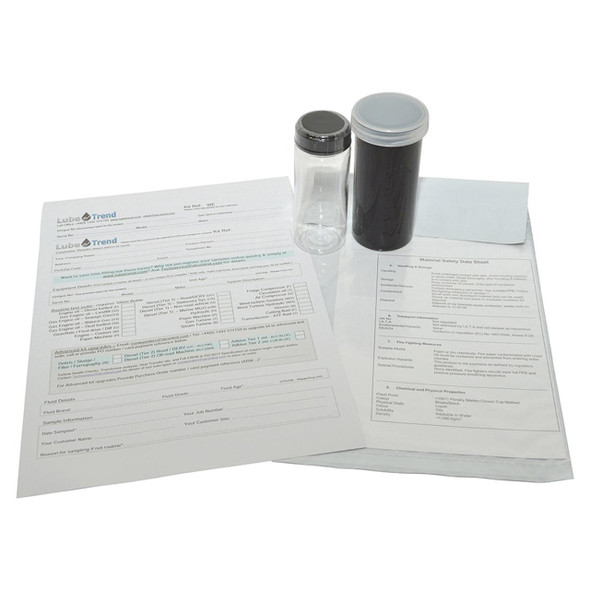 Lubetrend Oil Analysis Kit, a set of test tubes, safety data sheet, and documentation for oil testing and analysis.