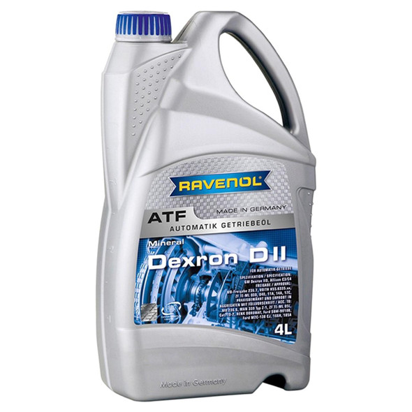 Ravenol ATF Dexron D II Transmission Fluid 4 Litre, grey plastic bottle with blue cap, label featuring technical specifications and blue automotive graphics.