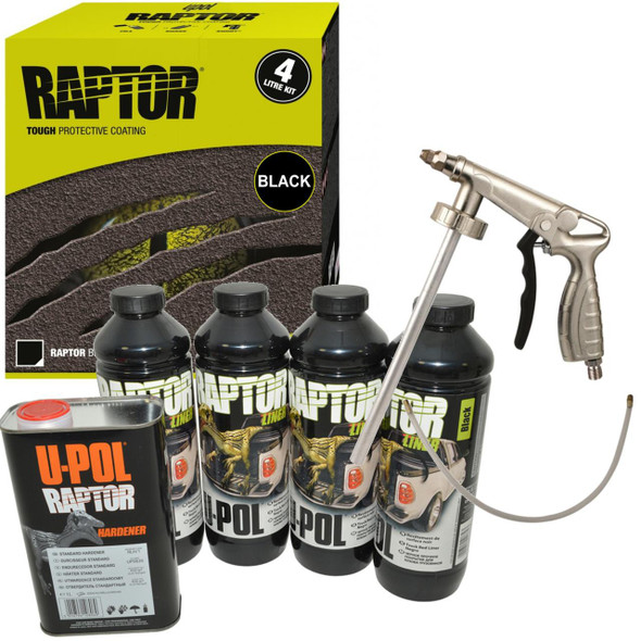 U-POL UPOL RAPTOR Ultra Tough Truck Bed Liner Coating BLACK with Spray Gun, image showing the black sprayable truck bed liner coating bottles, a spray gun, and packaging for durable automotive protective coating.