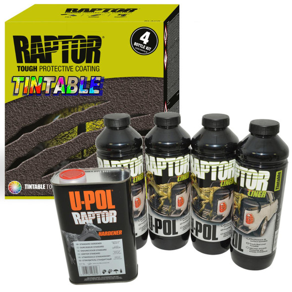 U-POL UPOL RAPTOR Liner Paint Ultra Tough Truck Bed Coating Seal TINTABLE with Spray Gun, image showing four bottles of tintable truck bed liner coating and a can of hardener in front of the packaging box.