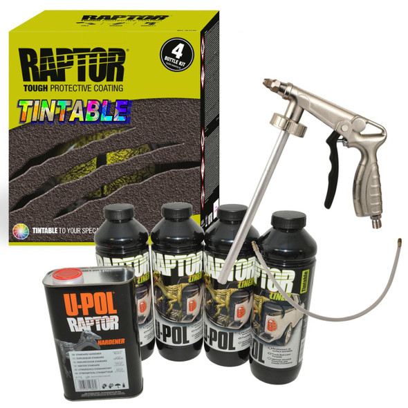 U-POL UPOL RAPTOR Liner Paint Ultra Tough Truck Bed Coating Seal TINTABLE with Spray Gun, image of four bottles of Raptor liner paint, a spray gun, and a box of Raptor paint kit.