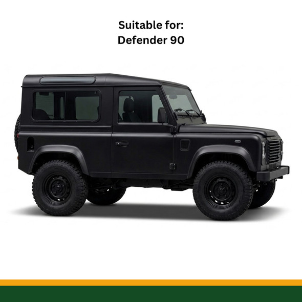 Britpart Side Steps Tubular Tomb Raider Style for Defender 90, black tubular side steps with silver patterned finish installed on a black vehicle.