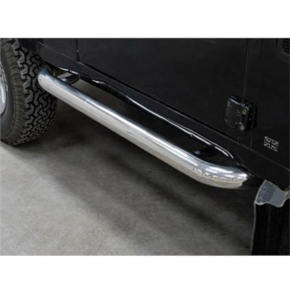Britpart Stainless Steel Side Step for Defender 90, close-up view of a shiny, durable stainless steel side step installed on a black Defender 90 vehicle.