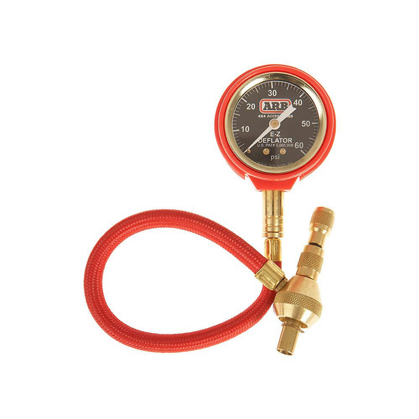 ARB 4X4 Accessories ARB E-Z Tyre Deflator With Pressure Gauge, a compact tool for accurately deflating tires with a built-in pressure gauge and hose.
