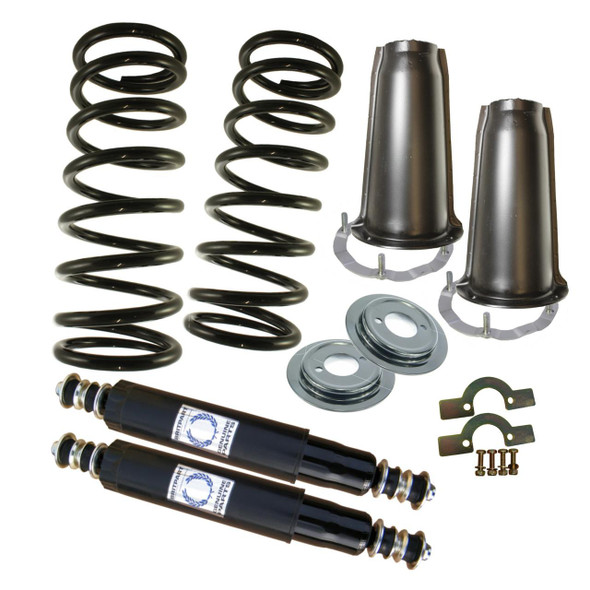 Direct Replacement Front Standard Suspension Kit for Defender 90 (1986-2016) with coil springs, shock absorbers, and mounting hardware, automotive suspension replacement parts.