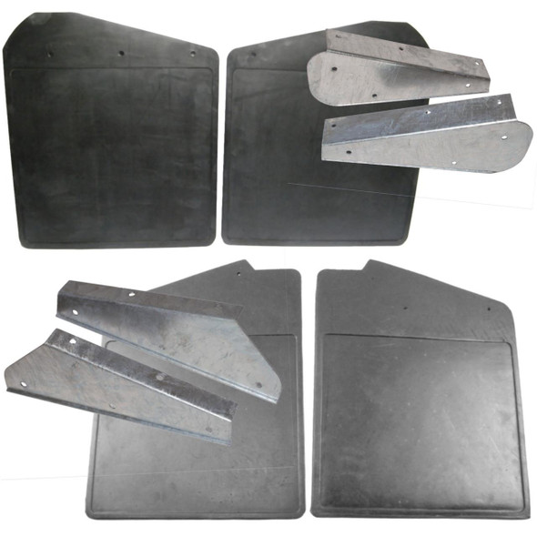 Direct Replacement Front & Rear Mud Flaps with Galvanised Brackets for Defender 90, a set of black and galvanized metal mud flaps designed for Defender 90 vehicle protection.