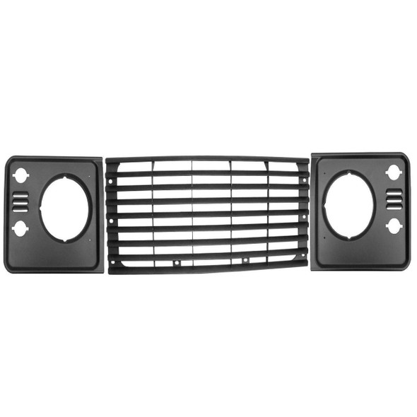 Direct Replacement Style Grille & Headlamp Surrounds Upgrade Kit for Defender Td5, black plastic car grille with central slatted design and two surround frames for headlamps.
