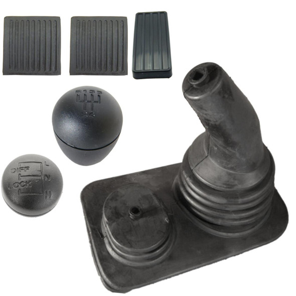 Direct Replacement Gear Lever Gaiter Knob & Pedal Pad Interior Refurbish Kit for Defender, image showing gear shift knob, gaiter, pedal pads, and related interior refurbishment accessories for Land Rover Defender.
