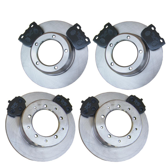 Direct Replacement Front & Rear Brake Discs With MINTEX Brake Pads Kit for Discovery 1 Discovery 1 300TDi, image shows four brake discs with attached brake pads, two for the front wheels and two for the rear wheels.