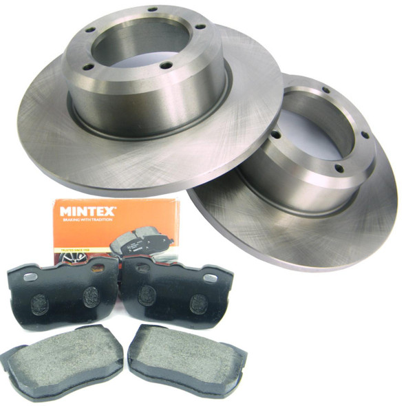 Direct Replacement Front Brake Discs with Mintex Brake Pads Kit for Discovery 1 300TDi, image showing two new brake discs, brake pads, and packaging.