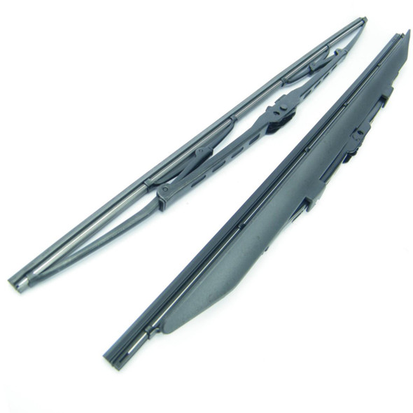 Direct Replacement Windscreen Wiper Blade Set for Discovery 1, two black windshield wiper blades with metal arms, designed for easy installation and optimal visibility.