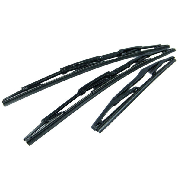 Direct Replacement Windscreen Wiper Blade Set Front & Rear for Discovery 2, black wiper blades for vehicle windshield replacement.