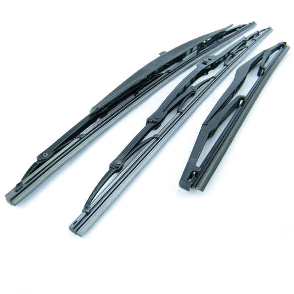 Direct Replacement Windscreen Wiper Blade Set Front & Rear for Freelander 1, image showing black wiper blades designed for front and rear windshield installation.