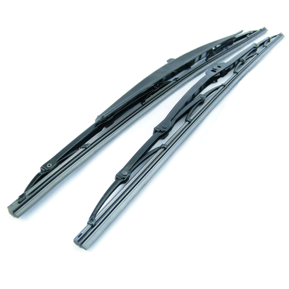 Product: Direct Replacement Windscreen Wiper Blade Set for Freelander 1, image showing two black wiper blades with metal frames and rubber blades on a white background.