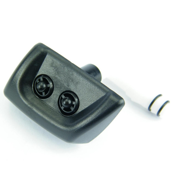 Direct Replacement Head Lamp Washer Jet Left Hand Head Light for Range Rover Sport, close-up view of the black plastic jet with two nozzles and attached mounting accessories.