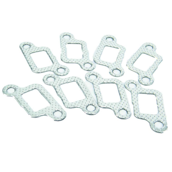Direct Replacement Exhaust Manifold Gasket Set for Defender & Range Rover 3.5 V8, close-up view of multiple metallic gaskets with perforations and square openings.
