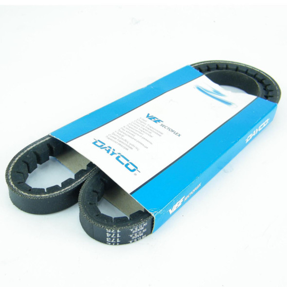 Dayco Power Steering Fan Belt, automotive belt for Defender & Discovery 3.5 V8, black rubber with reinforced edges on a blue and white packaging.