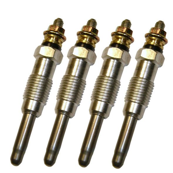 Product: Set of 4 Glow Plugs for Defender 2.5 NA & 2.5 TD Turbo, image showing four new glow plugs with metallic finish, threaded body, and electrical contacts, designed for vehicle engine ignition system.