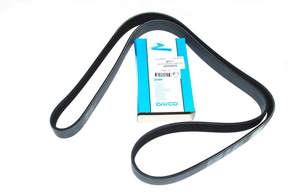 Dayco Fan Drive Belt Up To 1995 DAYCO OEM for Discovery 1 & Defender 300TDi, black rubber automotive fan belt with packaging.