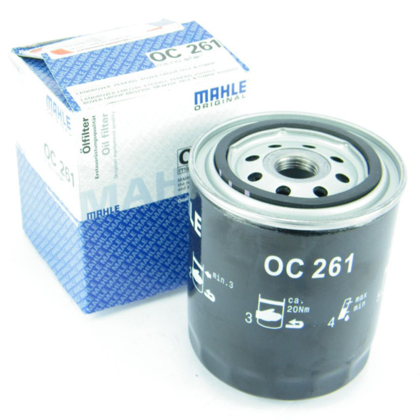 Mahle Oil Filter - Mahle ERR3340 for Defender, Discovery, and Range Rover, cylindrical oil filter with black exterior and white markings, placed beside its blue and white branded packaging box.