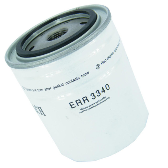 Direct Replacement Engine Oil Filter for Discovery, Defender, Range Rover, white oil filter with metal top and black seal, model number ERR 3340.