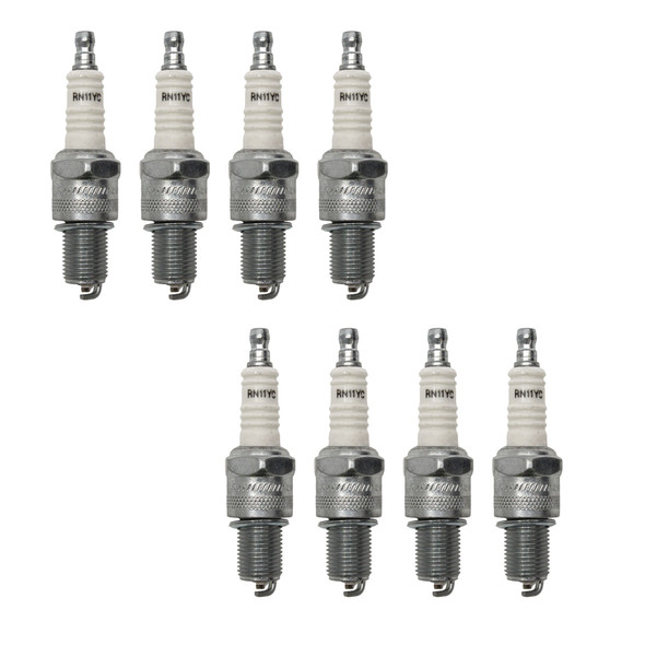 Direct Replacement Spark Plug CHAMPION RN11YC X8, four spark plugs with packaging for Range Rover P38 and Discovery V8 engines.