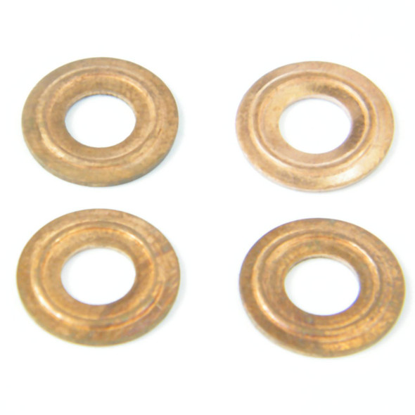 Direct Replacement Diesel Injector Sealing Washer x4 for Freelander 1 2.0TD, image of four copper sealing washers for diesel injectors arranged on a white background.