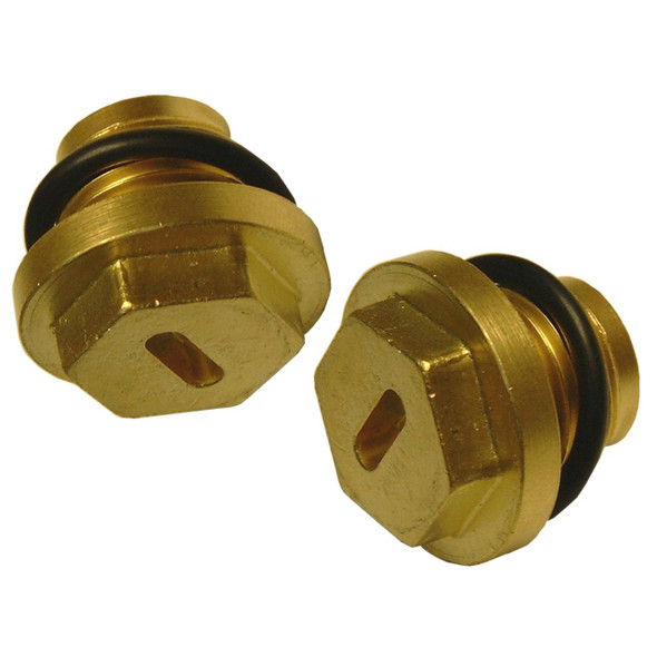 Direct Replacement Heavy-Duty Brass Differential Filler Plugs for Discovery 2, two golden brass plugs with black rubber seals and a hexagonal shape for easy installation.