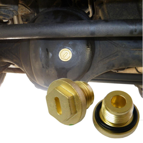 Direct Replacement Heavy-Duty Brass Differential Filler Plugs for Discovery 2, image of brass differential filler plugs placed under a vehicle's differential cover.