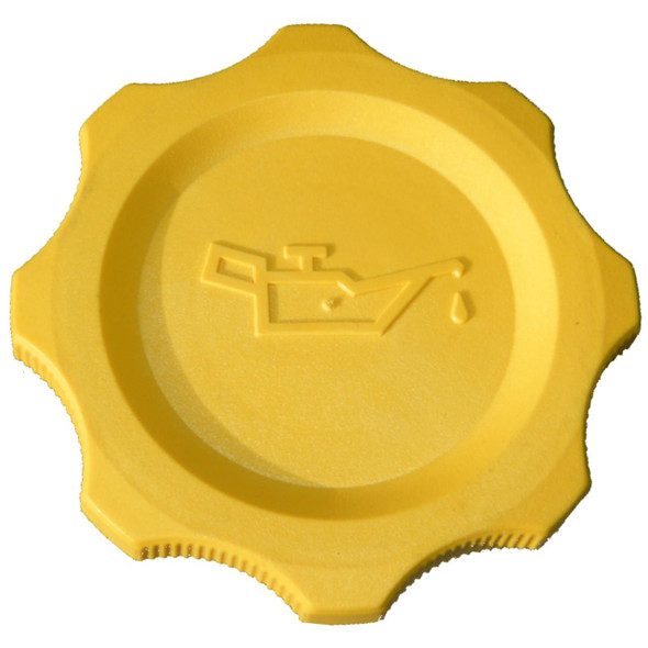 Direct Replacement Engine Oil Filler Cap for Defender 200/300 Tdi and Discovery 1 200/300 Tdi, yellow oil cap with oil can symbol and drip design.