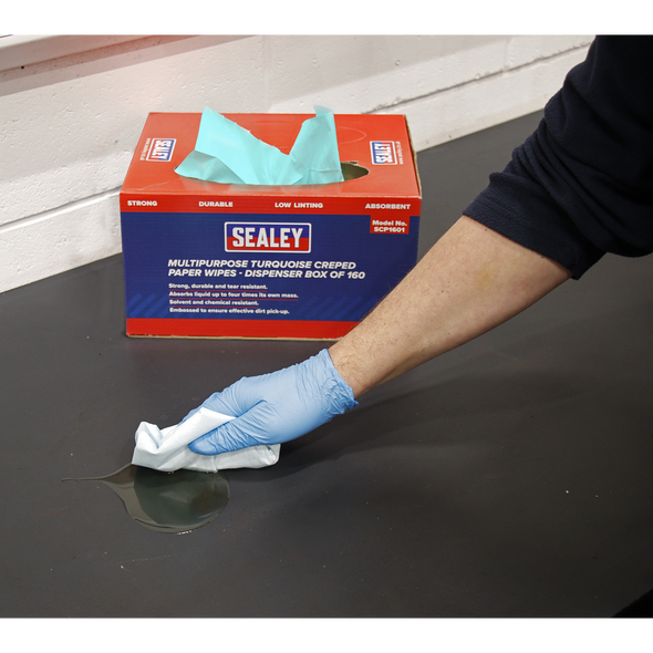 Multipurpose Creped Turquoise Paper Wipes 69gsm - Dispenser Box of 160 Sheets