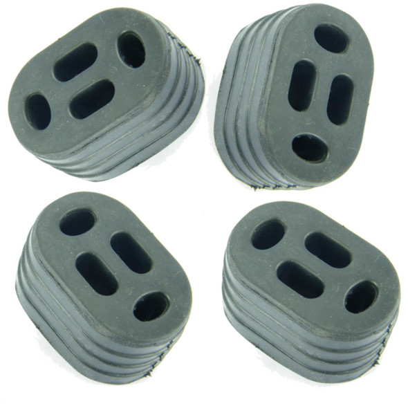 Direct Replacement Exhaust Hanger Mounting Rubber x4 for Defender, set of four black rubber exhaust hangers with oval and circular openings for vehicle exhaust mounting.