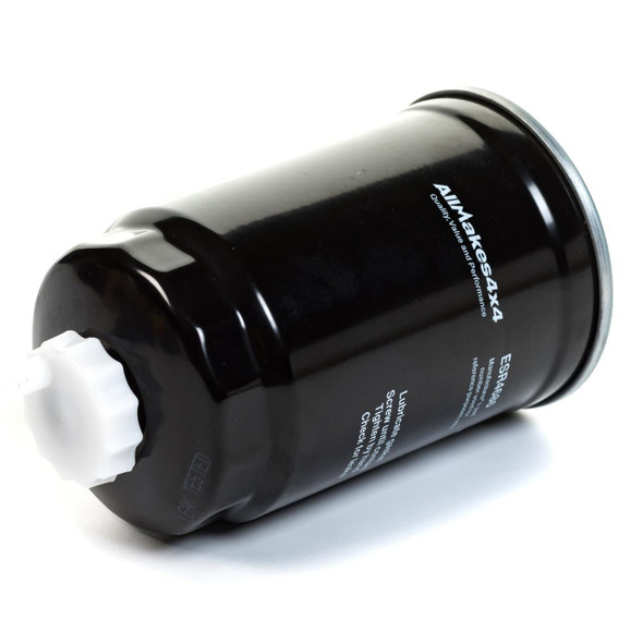 Direct Replacement Diesel Fuel Filter for Discovery 2 & Defender TD5, black fuel filter with white cap and branding.