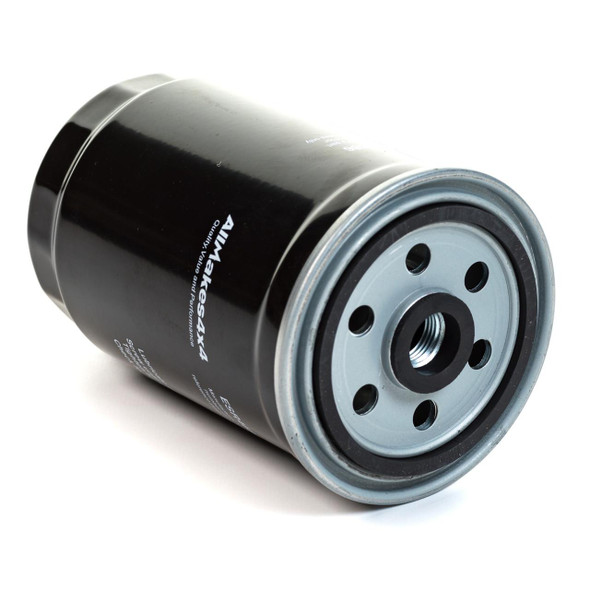 Direct Replacement Diesel Fuel Filter for Discovery 2 & Defender TD5, black cylindrical filter with metal fittings and label.