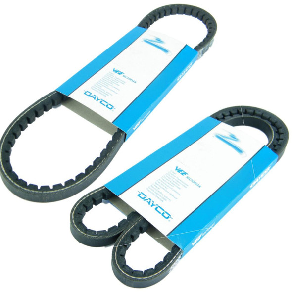 Dayco Power Steering & Alternator Drive Belts for Defender 200TDi, black rubber belts with notched design for power steering and alternator in a blue and white packaging. Dayco Power Steering & Alternator Drive Belts for Defender 200TDi, black rubber belts with notched design for power steering and alternator in a blue and white packaging.