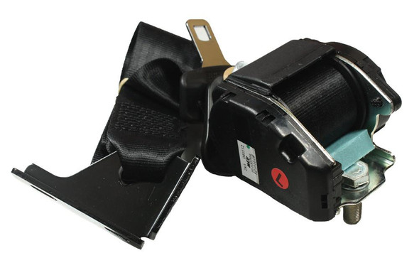 OEM Parts Front Left Seat Belt Assembly for Defender Td5 Hardtop 2001-2006, black seat belt with mounting hardware and retractor mechanism.