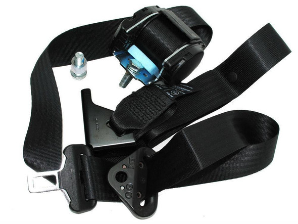 Direct Replacement Front Right Seat Belt Assembly for Defender TD5 Hardtop (2001-2006), black seat belt with retractor, buckle, and mounting components.