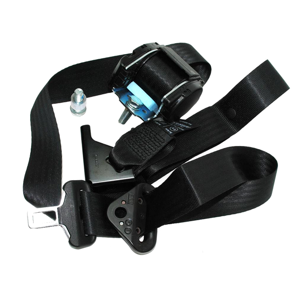 Direct Replacement Front Right Seat Belt Assembly for Defender TD5 Hardtop (2001-2006), black seat belt with retractor, buckle, and mounting components.