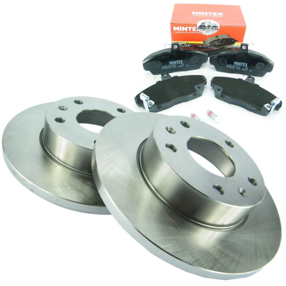 Direct Replacement Freelander Front Brake Discs With MINTEX Brake Pad Set, image showing two silver brake discs and four black brake pads with mounting hardware.